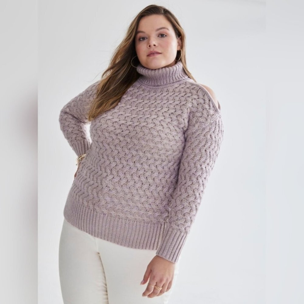 Addition Elle Cable Knit Chunky Turtleneck Sweater Cold Shoulder Tunic Taupe 2X